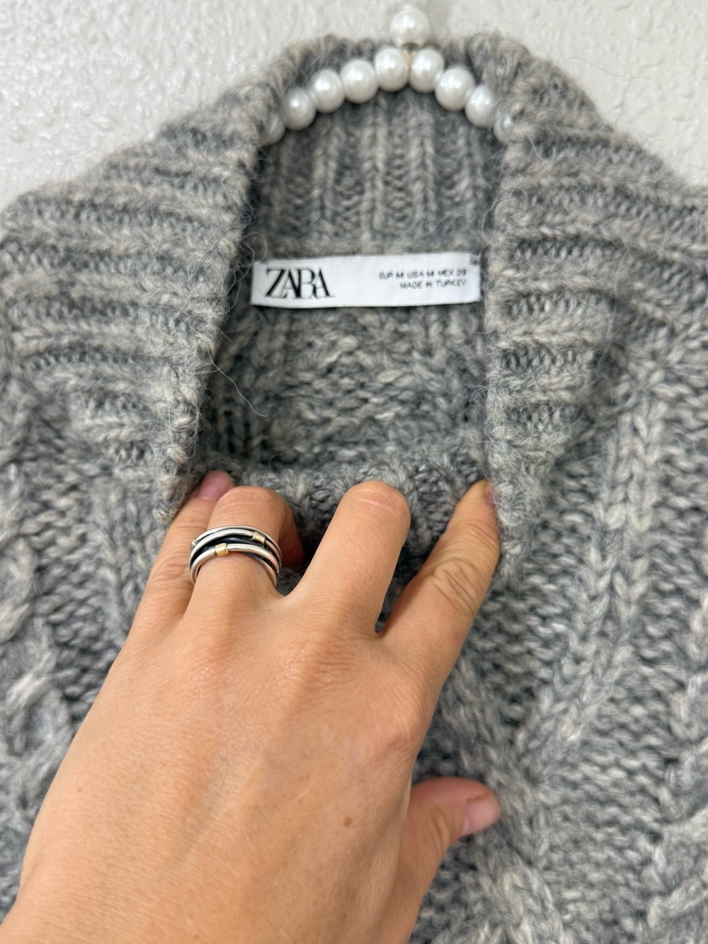 Zara Gray Chunky Cable Knit Cropped Sweater М Balloon Sleeve Wool Blend - Picture 4 of 9
